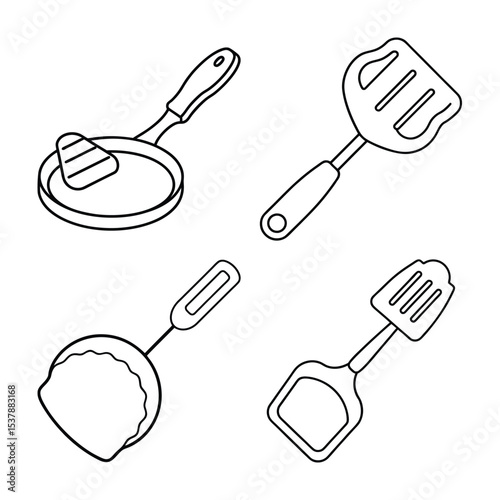 Simple black and white line art kitchen tools utensils for cooking and baking illustration