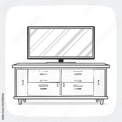 TV stand line drawing featuring smooth sketch-style strokes in a refined black and white vector design.