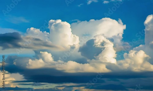 Puffy white clouds slowly float across a bright blue sky during day, representing nature, relaxation, and weather visuals.	