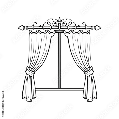 curtain rod line drawing featuring smooth sketch-style strokes in a refined black and white vector design.