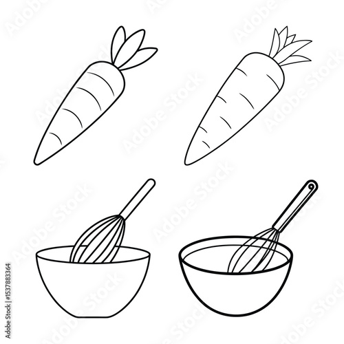 Simple black and white illustrations of carrots and whisking bowls for recipe design