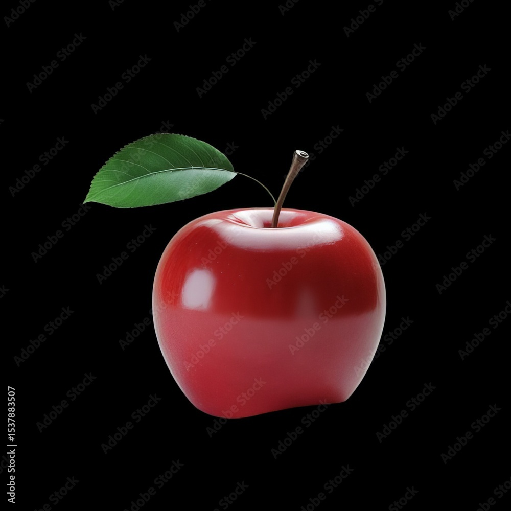 Obraz premium Realistic red apple with a green leaf on a black background