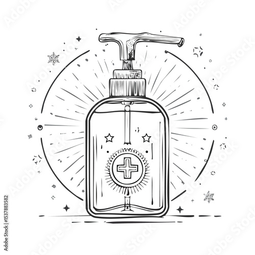 hand sanitizer line drawing featuring smooth sketch-style strokes in a refined black and white vector design.