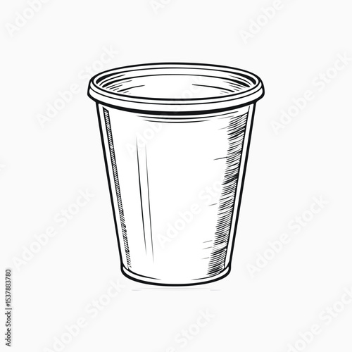 Plastic cup line drawing featuring smooth sketch-style strokes in a refined black and white vector design.