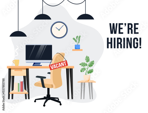 we are hiring banner design job vacancy poster empty office workplace desk chair vacant sign business recruiting creative concept illustration clipart