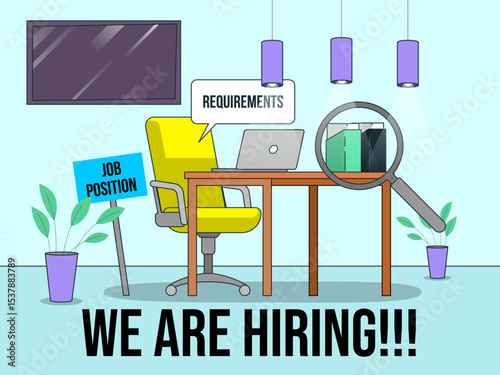 we are hiring banner design job vacancy poster empty office workplace desk chair vacant sign business recruiting creative concept illustration clipart