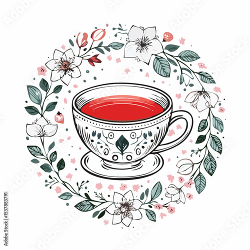 Tea cup line drawing featuring smooth sketch-style strokes in a refined black and white vector design.