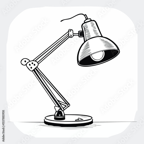 Desk lamp line drawing featuring smooth sketch-style strokes in a refined black and white vector design.