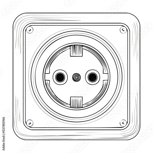 Power outlet line drawing featuring smooth sketch-style strokes in a refined black and white vector design.