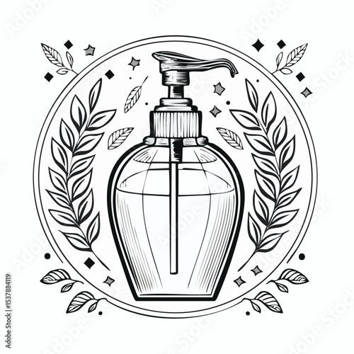 Soap dispenser line drawing featuring smooth sketch-style strokes in a refined black and white vector design.