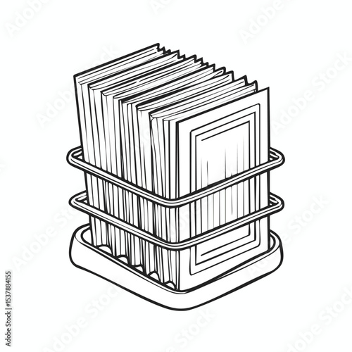 Magazine holder line drawing featuring smooth sketch-style strokes in a refined black and white vector design.