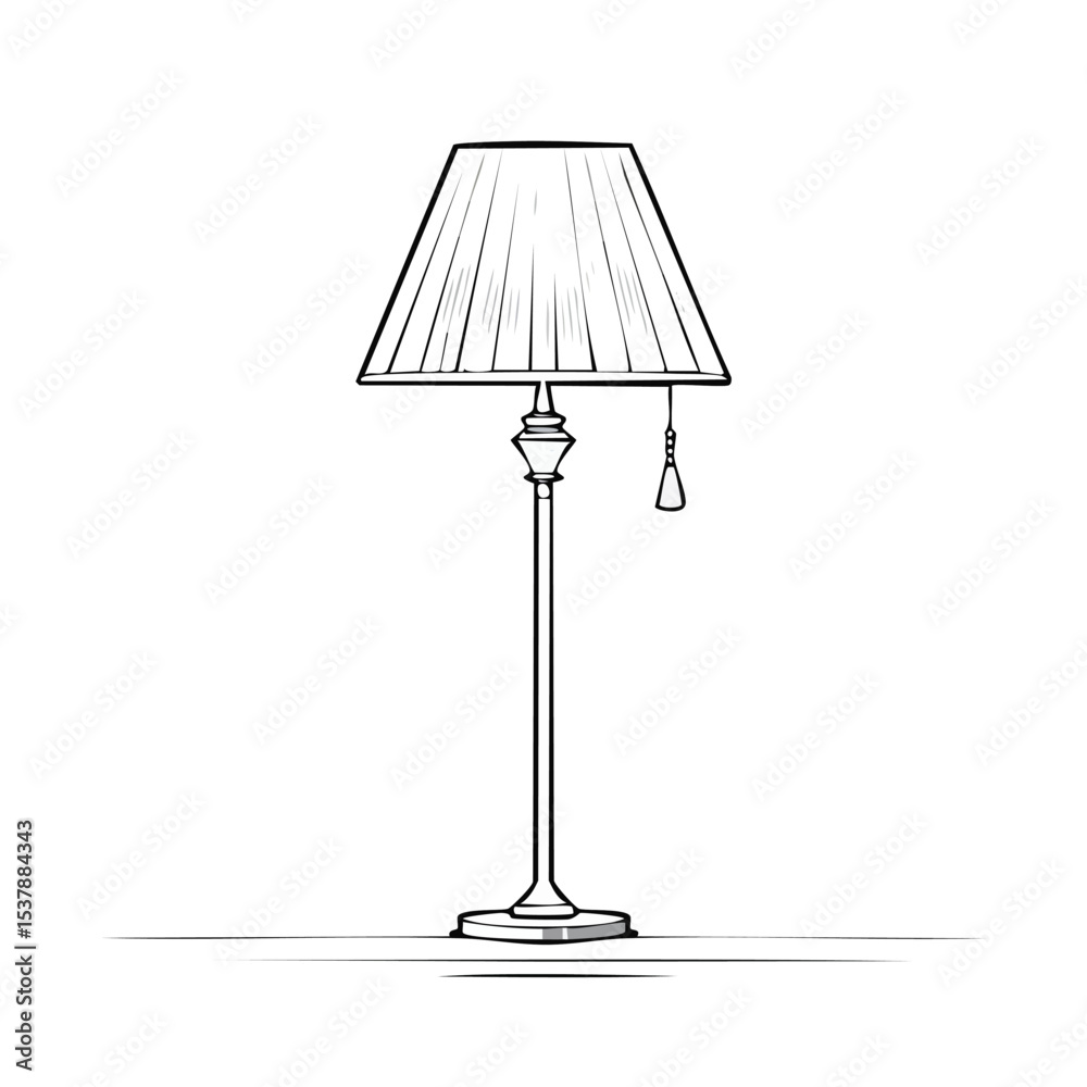 Obraz premium Floor lamp line drawing featuring smooth sketch-style strokes in a refined black and white vector design.