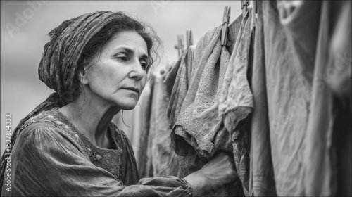 Contemplative woman by clothesline, monochrome portrait of domesticity