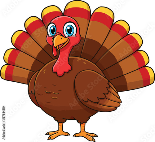 Cheerful Cartoon Turkey with Colorful Tail Feathers vector illustration
