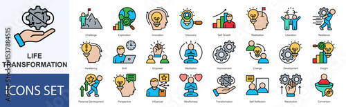 Life Transformation icon set vector Flat Line Style challenge, exploration, innovation, discovery, self growth, realization, liberation, resilience, awakening, shift, empower, meditation