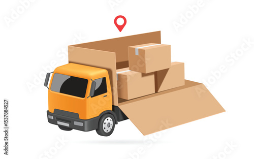 Yellow truck is arranging parcel boxes or cardboard boxes of goods order by customer online into container, vector 3d illustration isolated for e commerce, delivery, online shopping advertising design