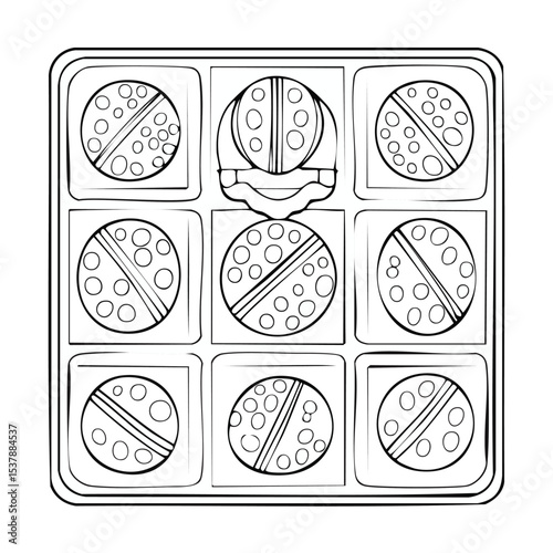 Pill organizer line drawing featuring smooth sketch-style strokes in a refined black and white vector design.