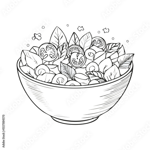 Salad bowl line drawing featuring smooth sketch-style strokes in a refined black and white vector design.