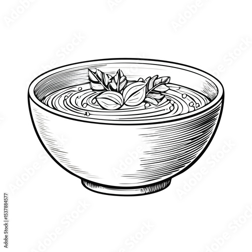Soup bowl line drawing featuring smooth sketch-style strokes in a refined black and white vector design.
