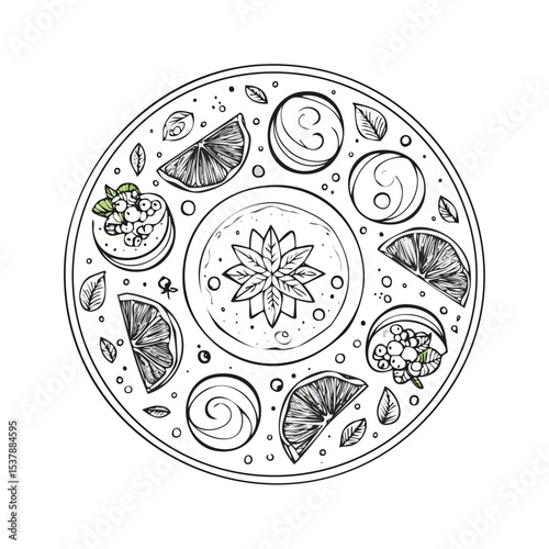 Dessert plate line drawing featuring smooth sketch-style strokes in a refined black and white vector design.