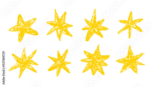 Crayon childish stars set. Vector hand drawn pencil icons. Chalk lines design elements, doodle sketch drawing