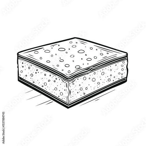 Cleaning sponge line drawing featuring smooth sketch-style strokes in a refined black and white vector design.