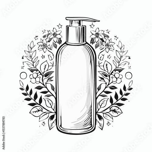 Shampoo bottle line drawing featuring smooth sketch-style strokes in a refined black and white vector design.