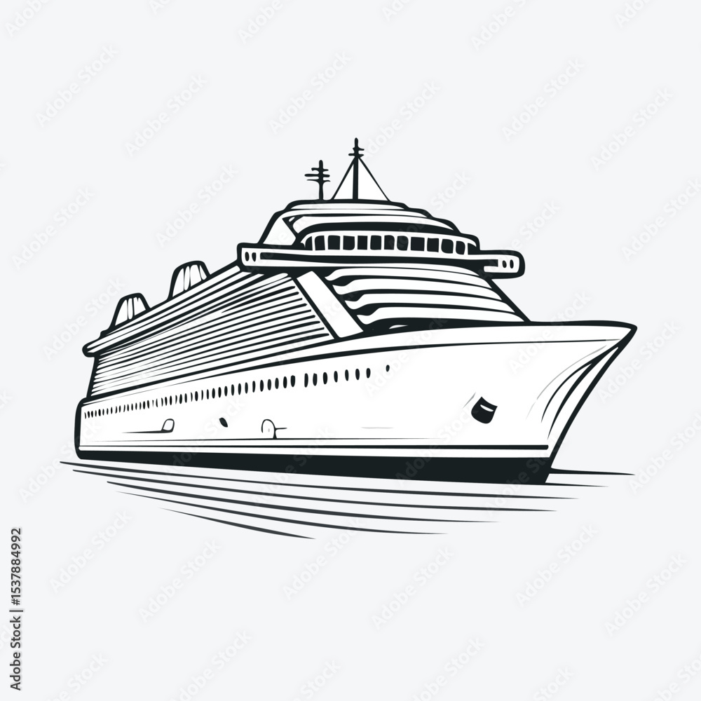 Fototapeta premium Cruise ship line drawing featuring smooth sketch-style strokes in a refined black and white vector design.