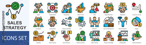 Sales Strategy icon set vector illustration Flat Line Style Sales, Target Market, Prospecting, Sales Funnel, Pitch, Lead Generation, Negotiation, Customer Journey, Conversion