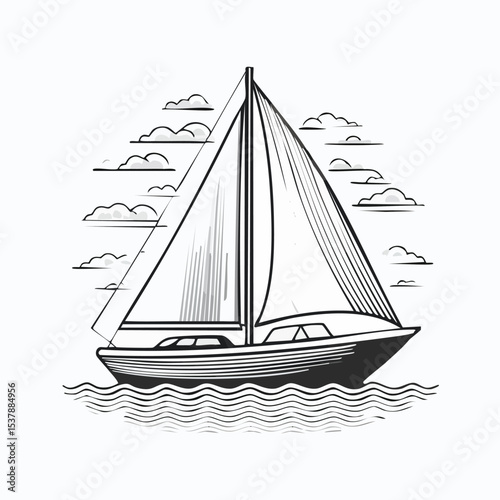 Sailboat line drawing featuring smooth sketch-style strokes in a refined black and white vector design.