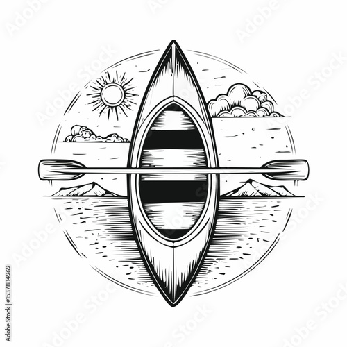 Canoe line drawing featuring smooth sketch-style strokes in a refined black and white vector design.