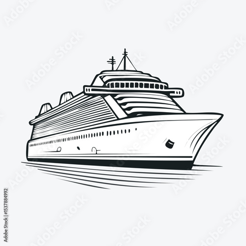 Cruise ship line drawing featuring smooth sketch-style strokes in a refined black and white vector design.