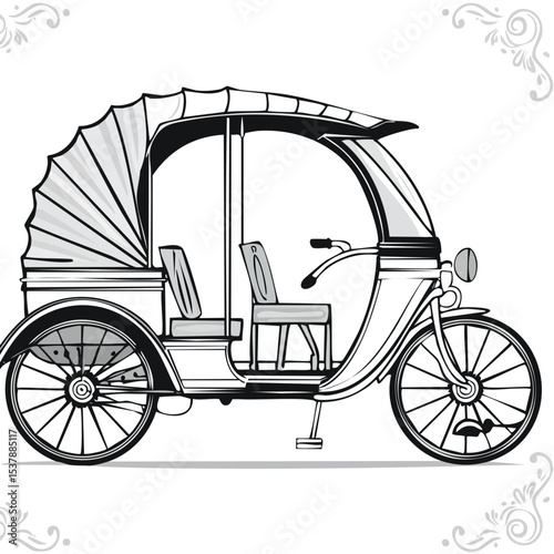Rickshaw line drawing featuring smooth sketch-style strokes in a refined black and white vector design.
