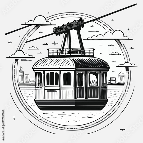 Gondola line drawing featuring smooth sketch-style strokes in a refined black and white vector design.