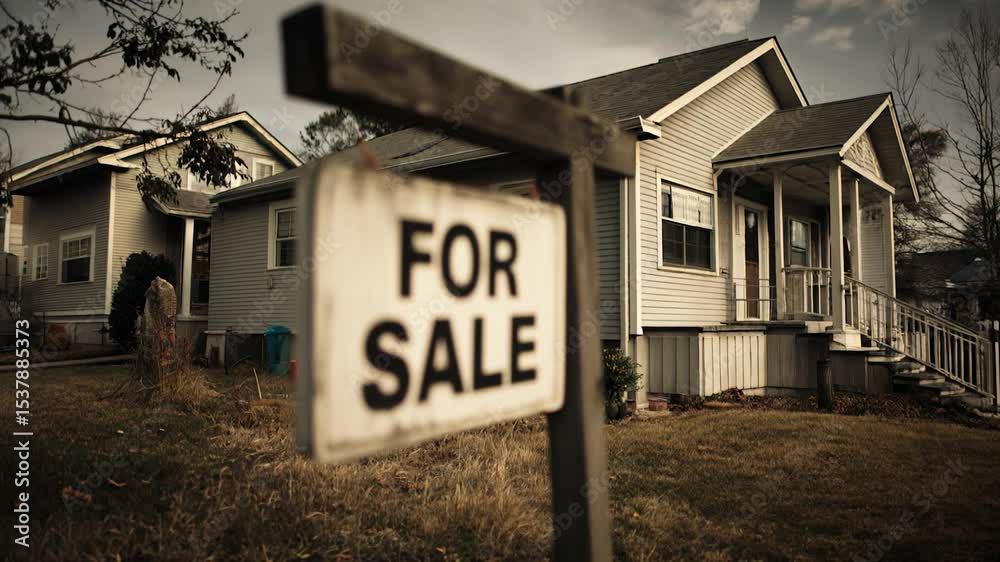 For sale sign stands before a classic american house on a cloudy afternoon For sale sign stands before a classic american house on a cloudy afternoon