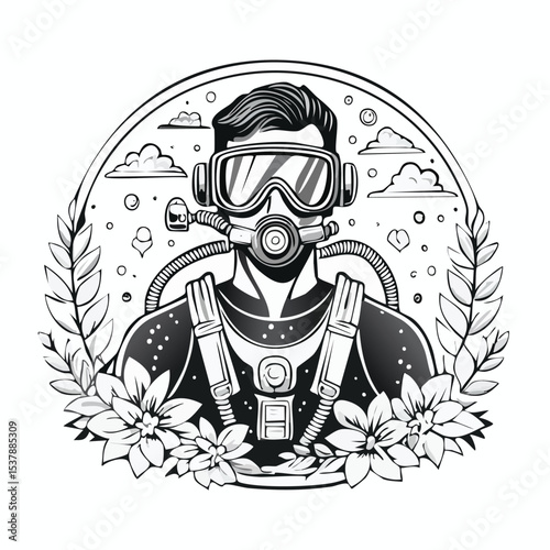 Scuba diver line drawing featuring smooth sketch-style strokes in a refined black and white vector design.