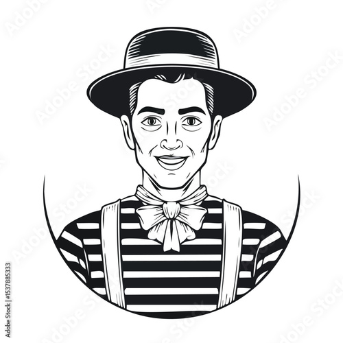 Mime artist line drawing featuring smooth sketch-style strokes in a refined black and white vector design.