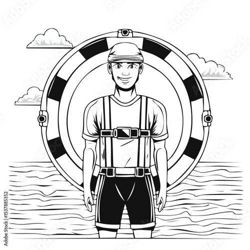 Lifeguard line drawing featuring smooth sketch-style strokes in a refined black and white vector design.