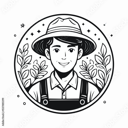Farmer   line drawing featuring smooth sketch-style strokes in a refined black and white vector design.