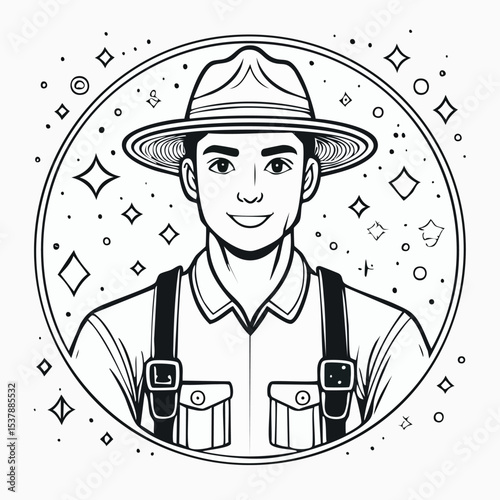 Park ranger line drawing featuring smooth sketch-style strokes in a refined black and white vector design.