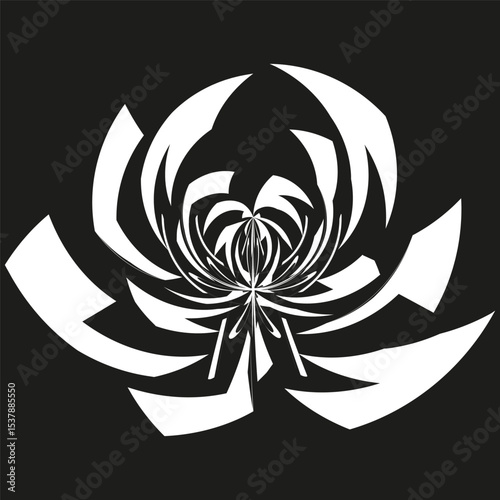 White flower icon. Abstract petal symbol. Vector floral shape. Black background contrast.