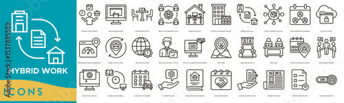Hybrid Work icon set. Flexible Work Schedule, Virtual Meeting Room, Desk Booking System, Remote Collaboration Tools, Home Office Setup and In Office Attendance Tracker