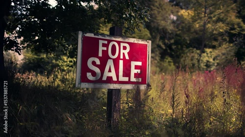 For sale sign on an overgrown lot in the Countryside during Autumn, showing potential for Real Estate investment and land development
