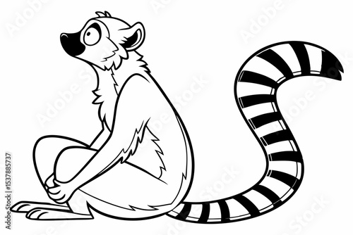 coloring page for kids, a ring-tailed lemur sitting in a funny yoga pose, with its long striped tail curled around its body, thick outlines, black and white