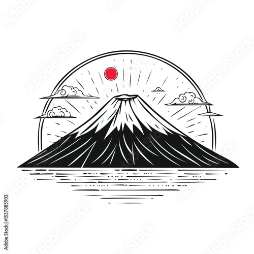 Mount Fuji, Honshu, Japan line drawing featuring smooth sketch-style strokes in a refined black and white vector design.