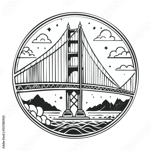 Golden Gate Bridge, San Francisco, USA line drawing featuring smooth sketch-style strokes in a refined black and white vector design.