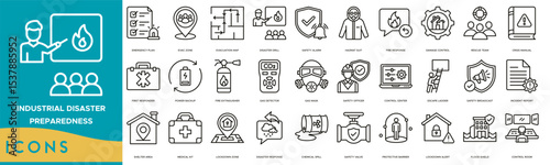 Industrial Disaster Preparedness icon set. Emergency Plan, Evac Zone, Evacuation Map, Disaster Drill, Safety Alarm, Hazmat Suit, Fire Response, Damage Control and Rescue Team