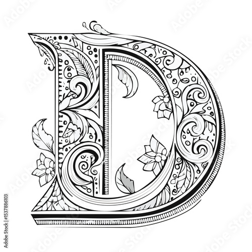letter D line drawing featuring smooth sketch-style strokes in a refined black and white vector design.