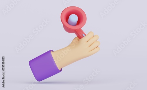 3D illustration. Hand drawn cute cartoon illustration hand with megaphone or loudspeaker.