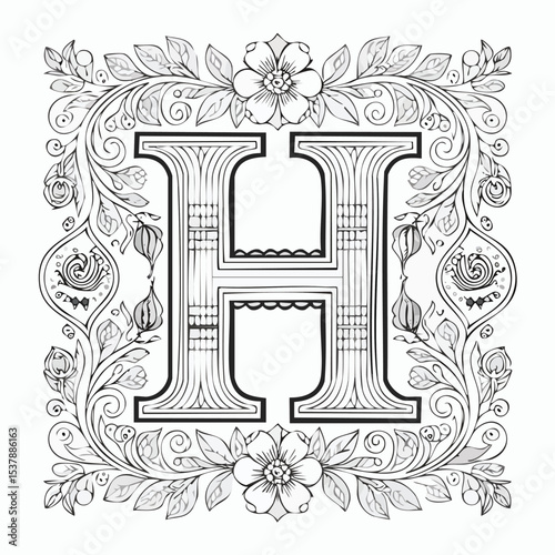 letter H line drawing featuring smooth sketch-style strokes in a refined black and white vector design.